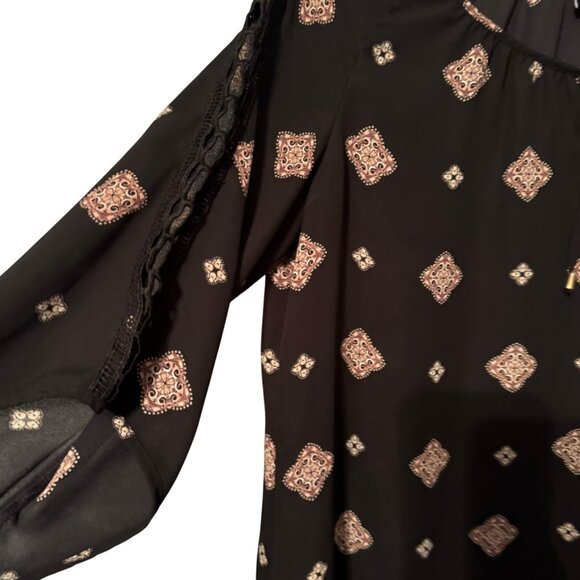 Roz & Ali Black Patterned Blouse Sz L 3/4 Sleeve Tie Neck women top - Picture 7 of 11